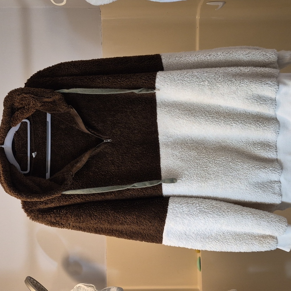 Women's Boutique Brown & White Cozy 1/4" Zip L/S Fleece Warm hooded Pull-over XL
